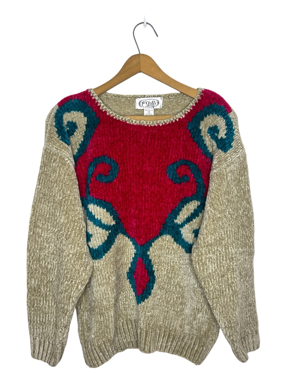 Vintage 80s P’Galli Chenille Sweater Pink Teal Abstract Grandmacore M